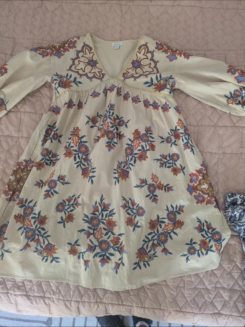 Sundance Boho Embroidered Cream Floral V-Neck Dress